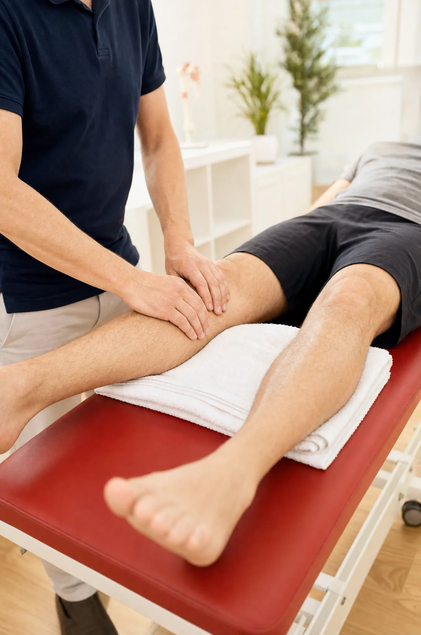 Sanfte, flächige Griffe bei einer manuellen Lymphdrainage am Unterschenkel