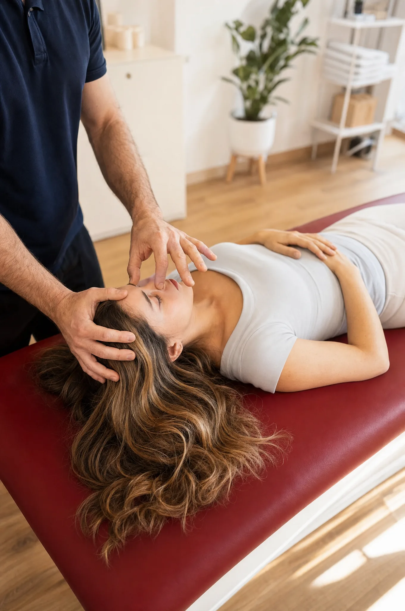 Ruhige craniosacrale Behandlung: Hände des Osteopathen halten sanft den Kopf einer liegenden Patientin